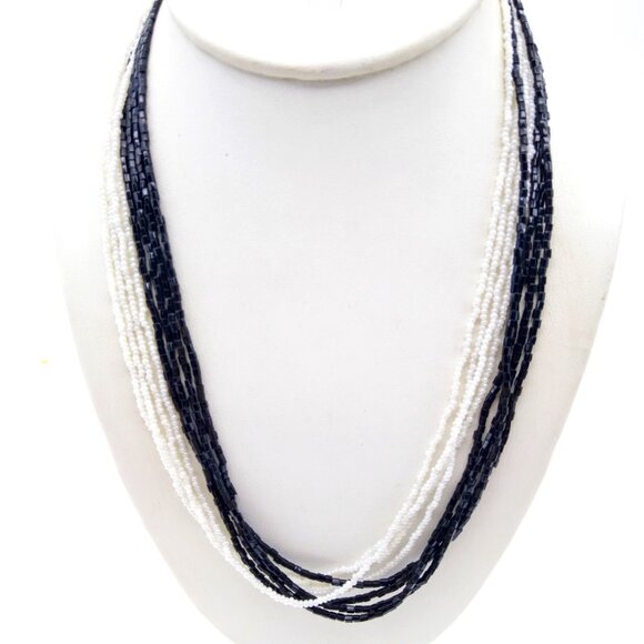 Neutral Seed Bead Torsade Necklace, Black and White Vintage Strands, Multi Stran - Picture 1 of 3
